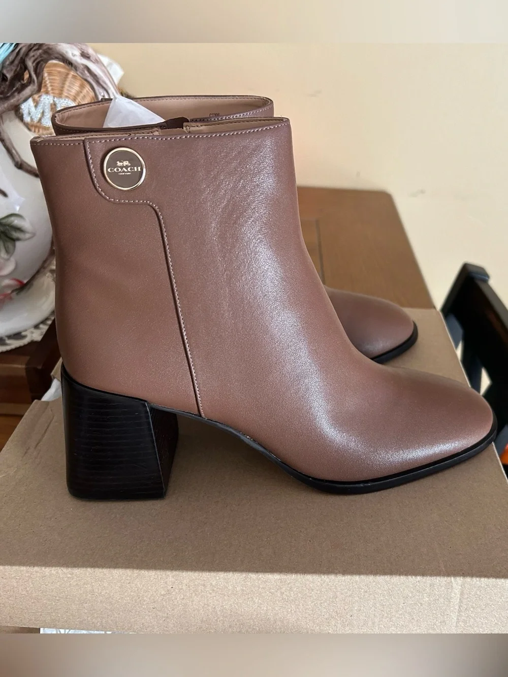Coach Taupe Brown Leather Block Heel Booties